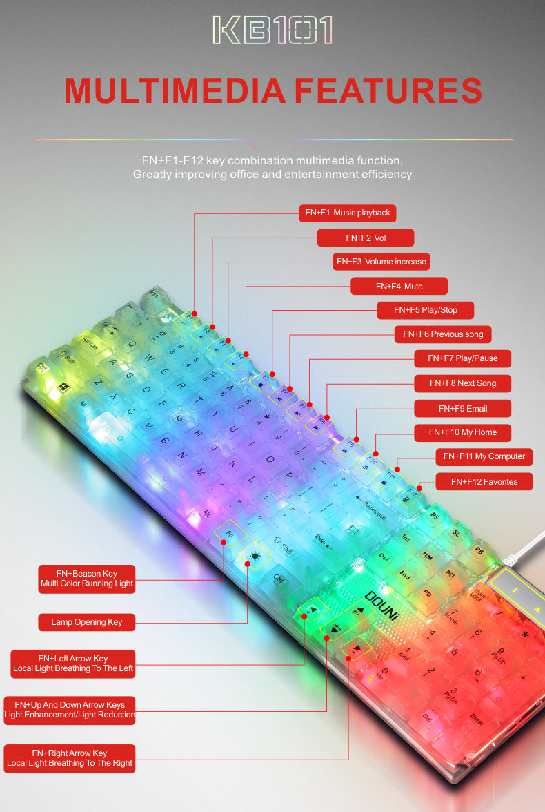 douni KB101 鍵盤,有線連接,具機械手感,七彩 RGB 發光,透明設計,適用於筆記本電腦和遊戲
