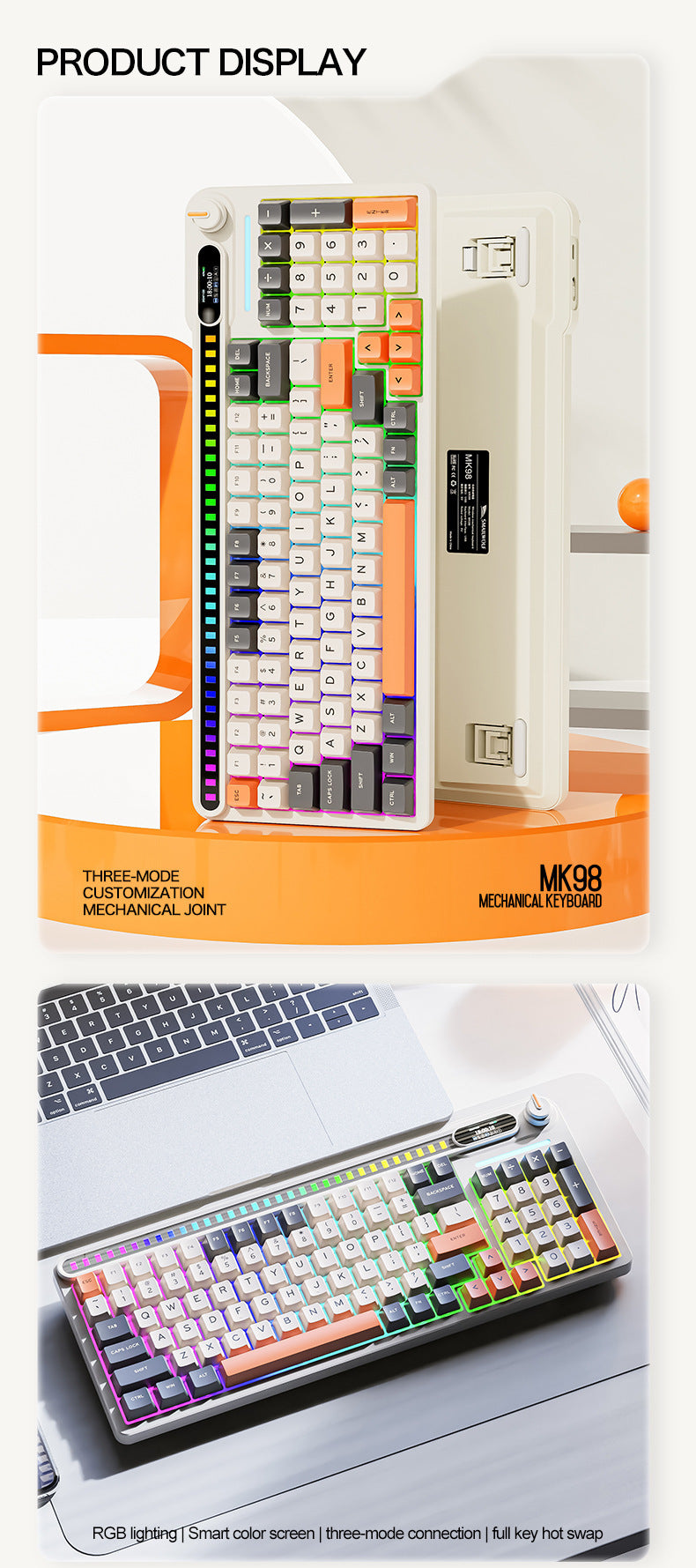 smailwolf MK98 三模 RGB 無線鍵盤,帶屏幕,藍牙客製化,遊戲機械鍵盤,具備拾音燈