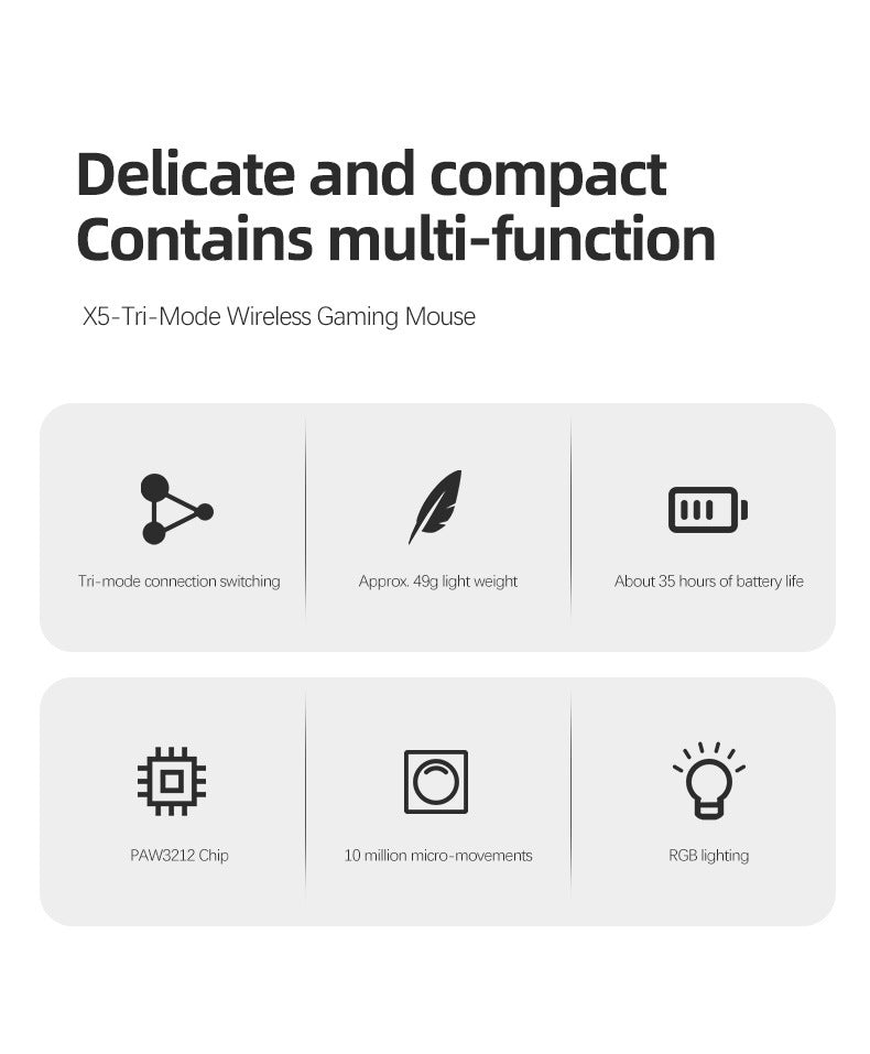 Attack Shark X5RGB,三模無線鼠標,可藍牙、無線、有線連接,輕量設計,適用於電競遊戲