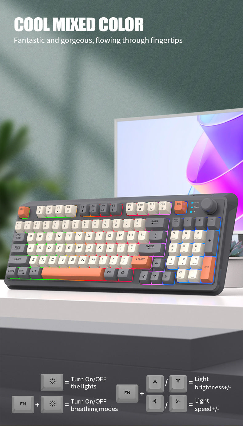 XUNFOX K94 時尚拼色旋鈕無線藍牙雙模發光鍵盤,適用於電腦、筆記本