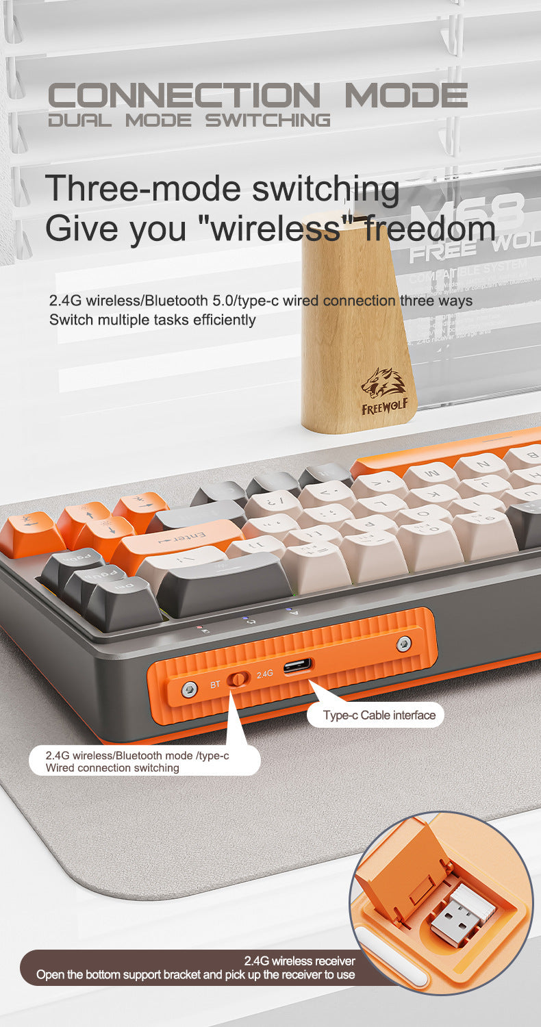 FreeWolf M68 無線藍牙三模鍵盤,具機械手感,適用於遊戲電競與辦公,採用低音 PBT 球帽