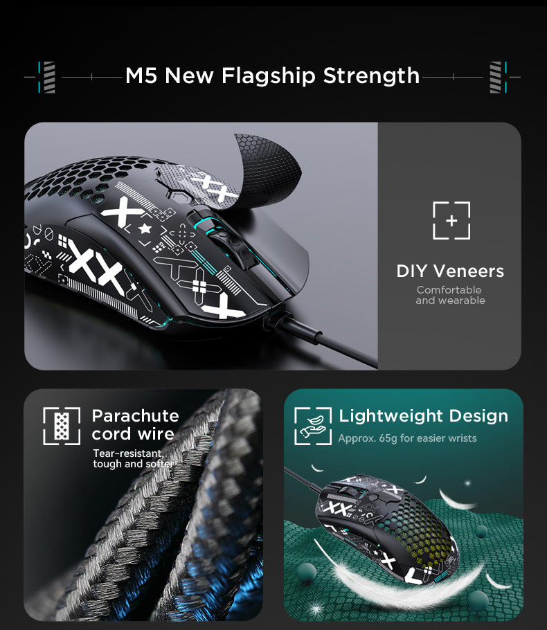 FreeWolf M5 輕量有線電競洞洞鼠,PAW3325 引擎,12000DPI RGB 款