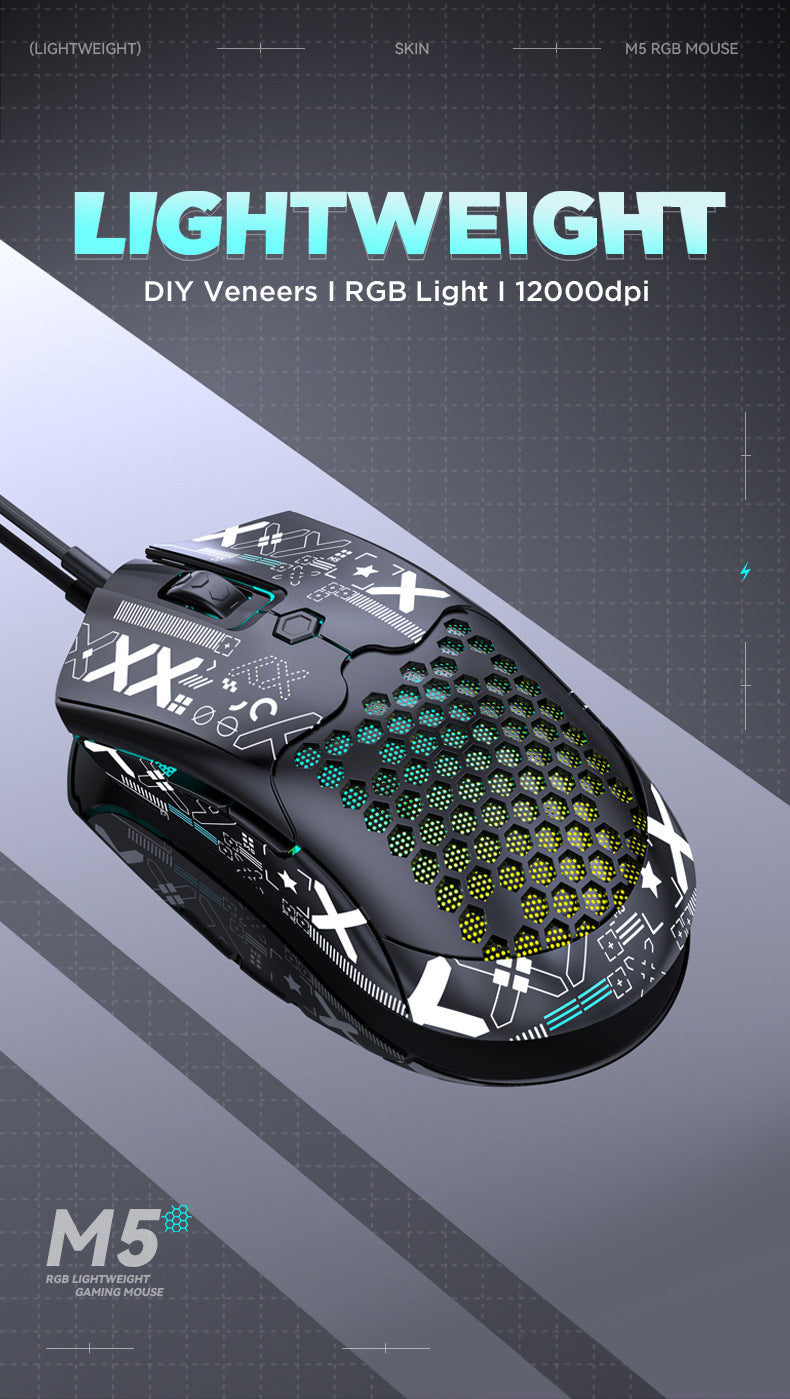 FreeWolf M5 輕量有線電競洞洞鼠,PAW3325 引擎,12000DPI RGB 款