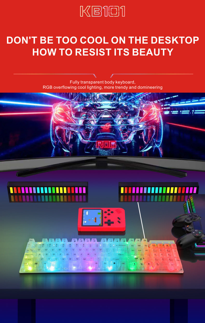 douni KB101 鍵盤,有線連接,具機械手感,七彩 RGB 發光,透明設計,適用於筆記本電腦和遊戲