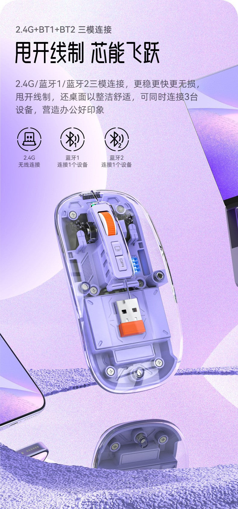 M136 透明無線藍牙三模鼠標,可充電,帶磁吸功能,創意禮品,適用於筆記本、電腦辦公