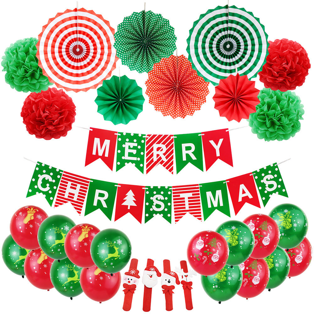 Christmas theme party dovetail pull flag red dark green paper fan flower window ceiling hanging decoration latex balloon (minimum batch of 20 sets)
