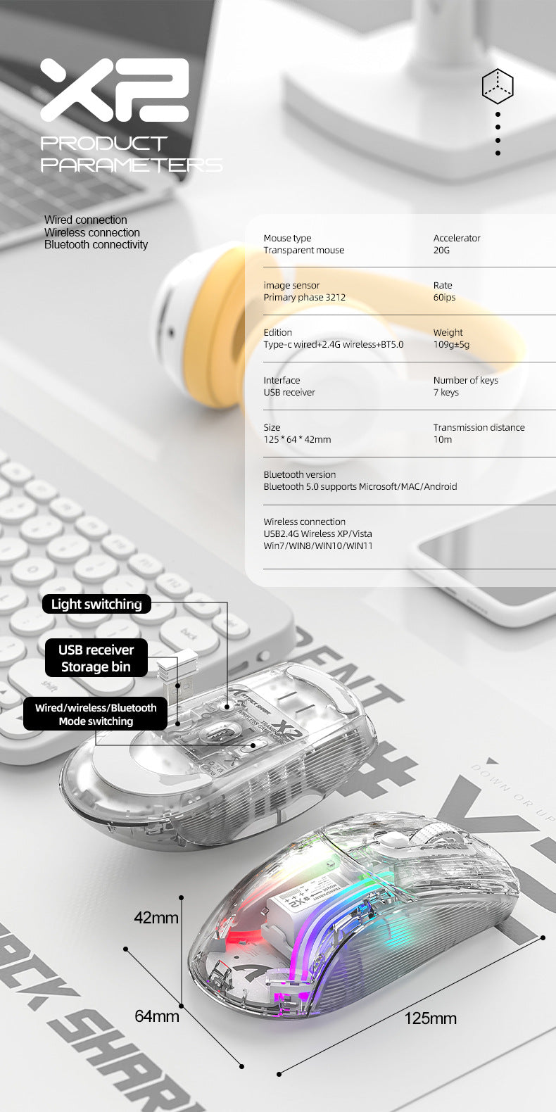 Attack Shark X2RGB 發光無線藍牙三模透明鼠標 遊戲電競鼠標