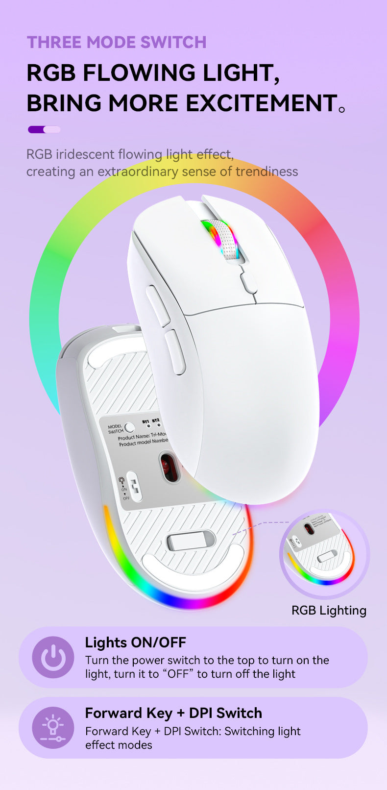 R518 無線藍牙三模遊戲滑鼠,支援 2.4g 無線、有線連接,具備無線充電功能,輕量設計,適用於電競與辦公場景