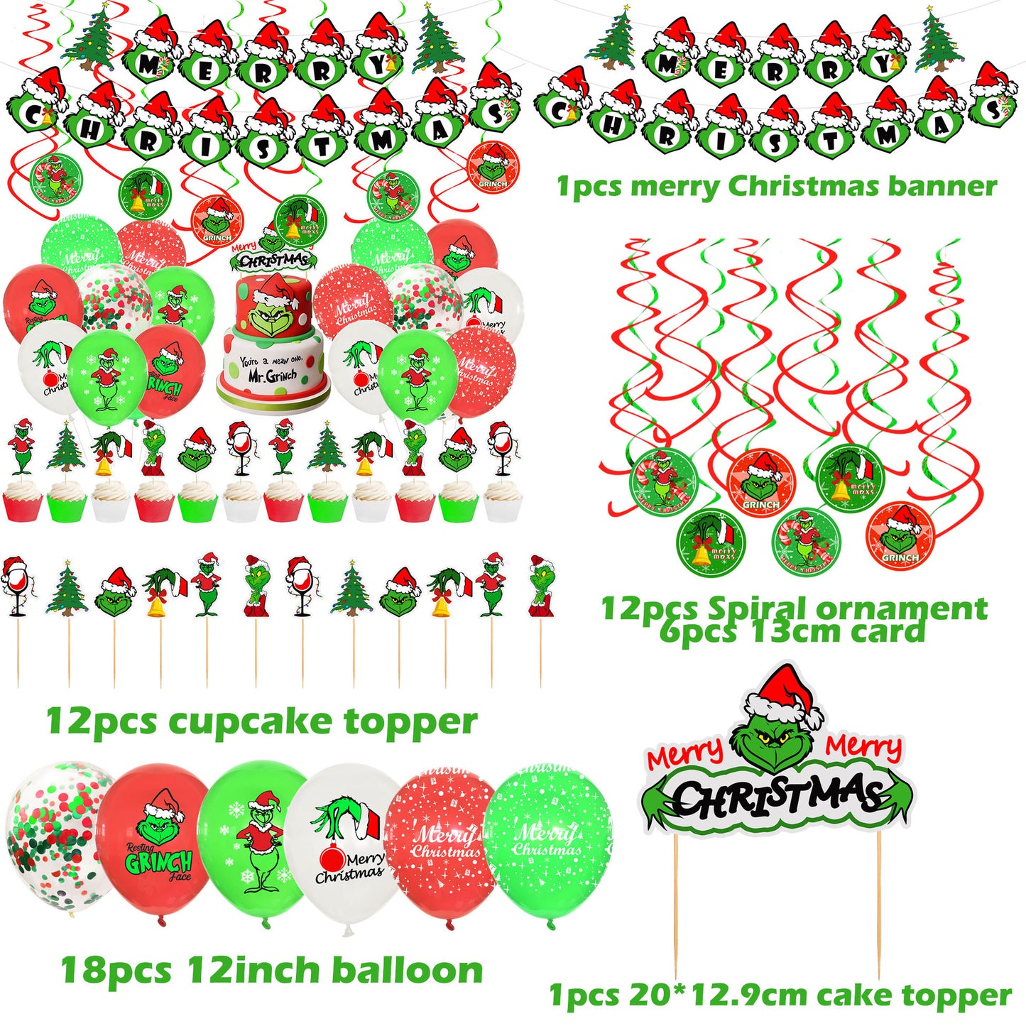 Grinch theme decoration Christmas party flag banner balloon birthday cake insert set (minimum batch of 2 sets)