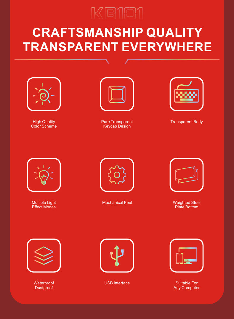 douni KB101 鍵盤,有線連接,具機械手感,七彩 RGB 發光,透明設計,適用於筆記本電腦和遊戲