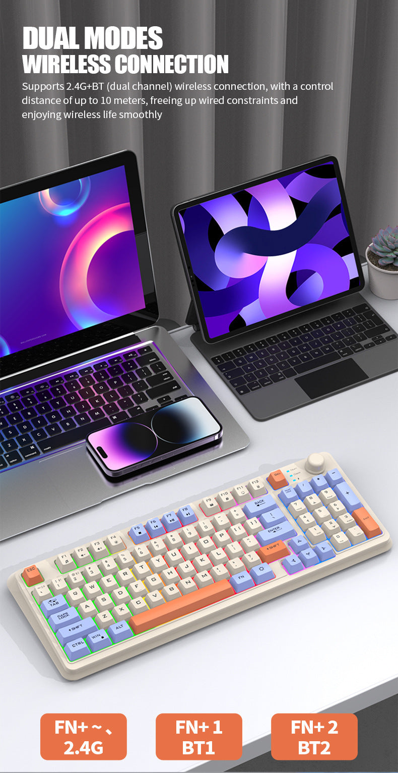 XUNFOX K94 時尚拼色旋鈕無線藍牙雙模發光鍵盤,適用於電腦、筆記本