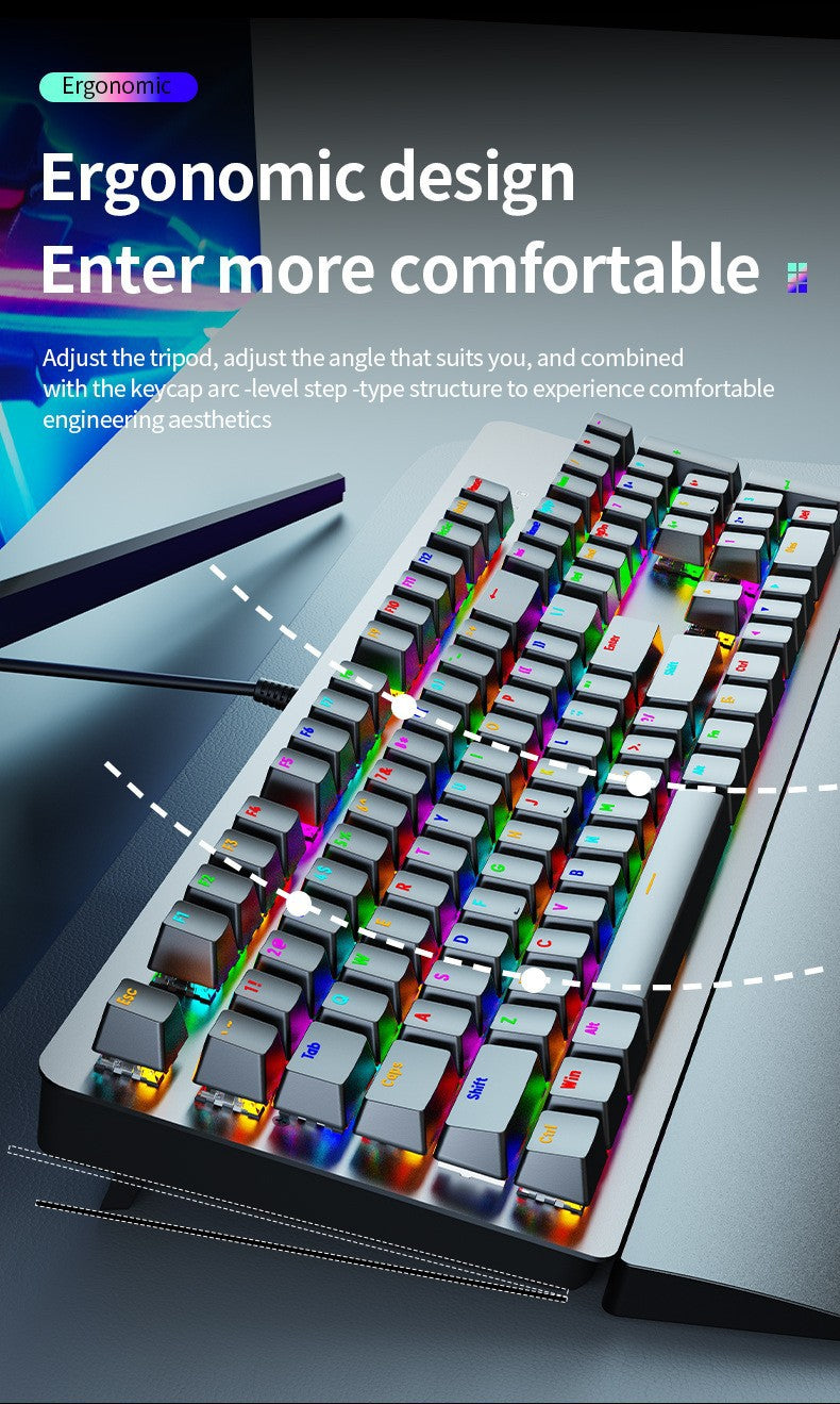 AK104 有線機械式鍵盤,可選配青軸、紅軸,具備 RGB 背光,適用於電競遊戲與辦公場景