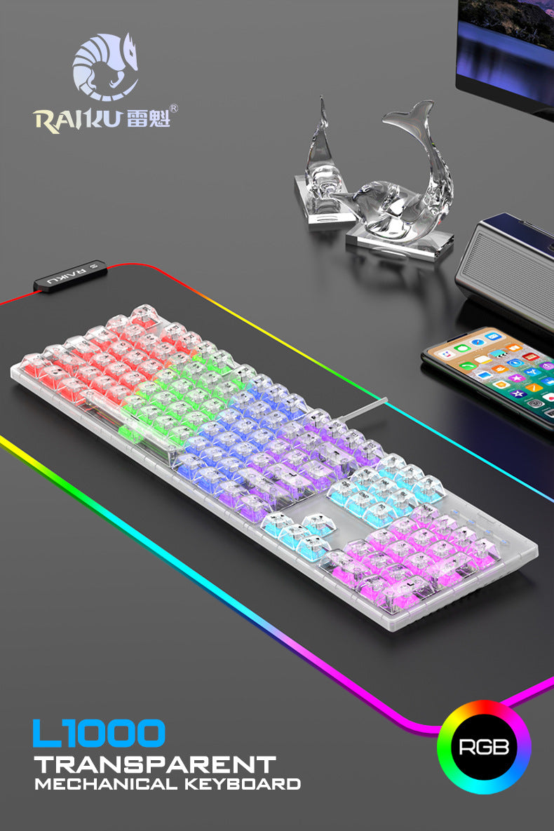 RAIKU L1000 真機械鍵盤,具備 RGB 效果,透明設計,是有線鍵盤,適用於筆記本電腦和遊戲,有冰晶款