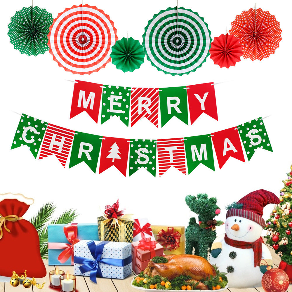 Christmas theme party dovetail pull flag red dark green paper fan flower window ceiling hanging decoration latex balloon (minimum batch of 20 sets)