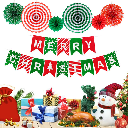 Christmas theme party dovetail pull flag red dark green paper fan flower window ceiling hanging decoration latex balloon (minimum batch of 20 sets)