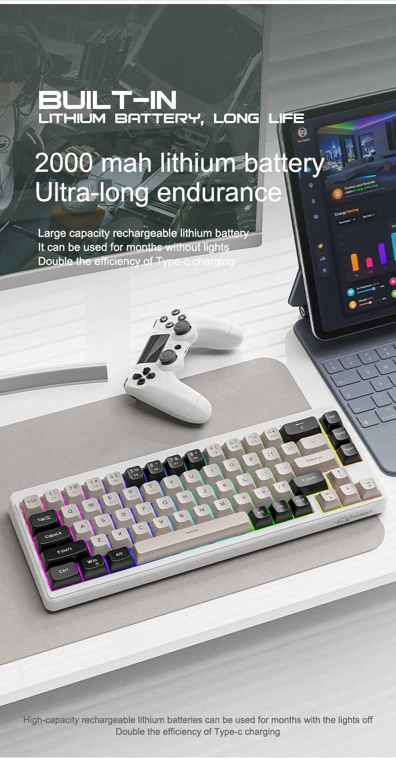 FreeWolf M68 無線藍牙三模鍵盤,具機械手感,適用於遊戲電競與辦公,採用低音 PBT 球帽