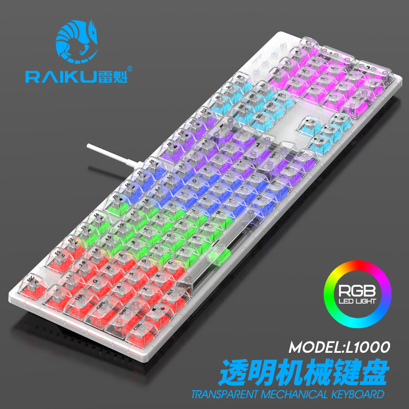 RAIKU L1000 真機械鍵盤,具備 RGB 效果,透明設計,是有線鍵盤,適用於筆記本電腦和遊戲,有冰晶款