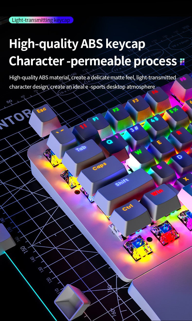 AK104 有線機械式鍵盤,可選配青軸、紅軸,具備 RGB 背光,適用於電競遊戲與辦公場景