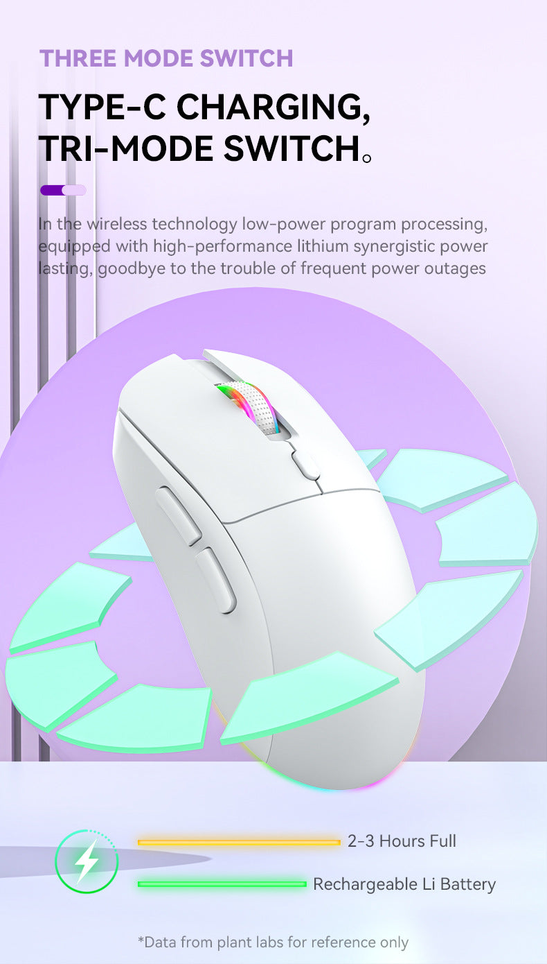 R518 無線藍牙三模遊戲滑鼠,支援 2.4g 無線、有線連接,具備無線充電功能,輕量設計,適用於電競與辦公場景