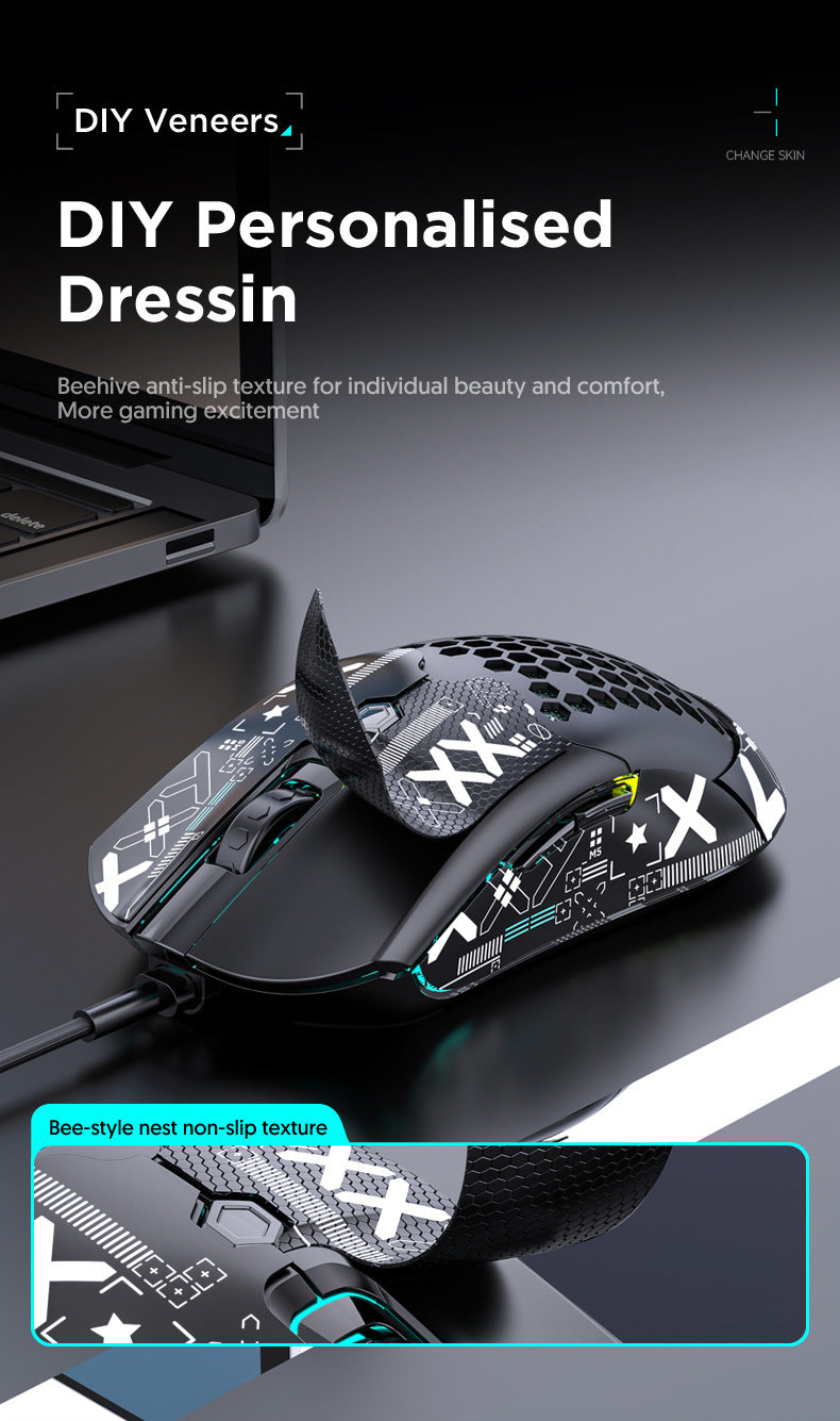 FreeWolf M5 輕量有線電競洞洞鼠,PAW3325 引擎,12000DPI RGB 款