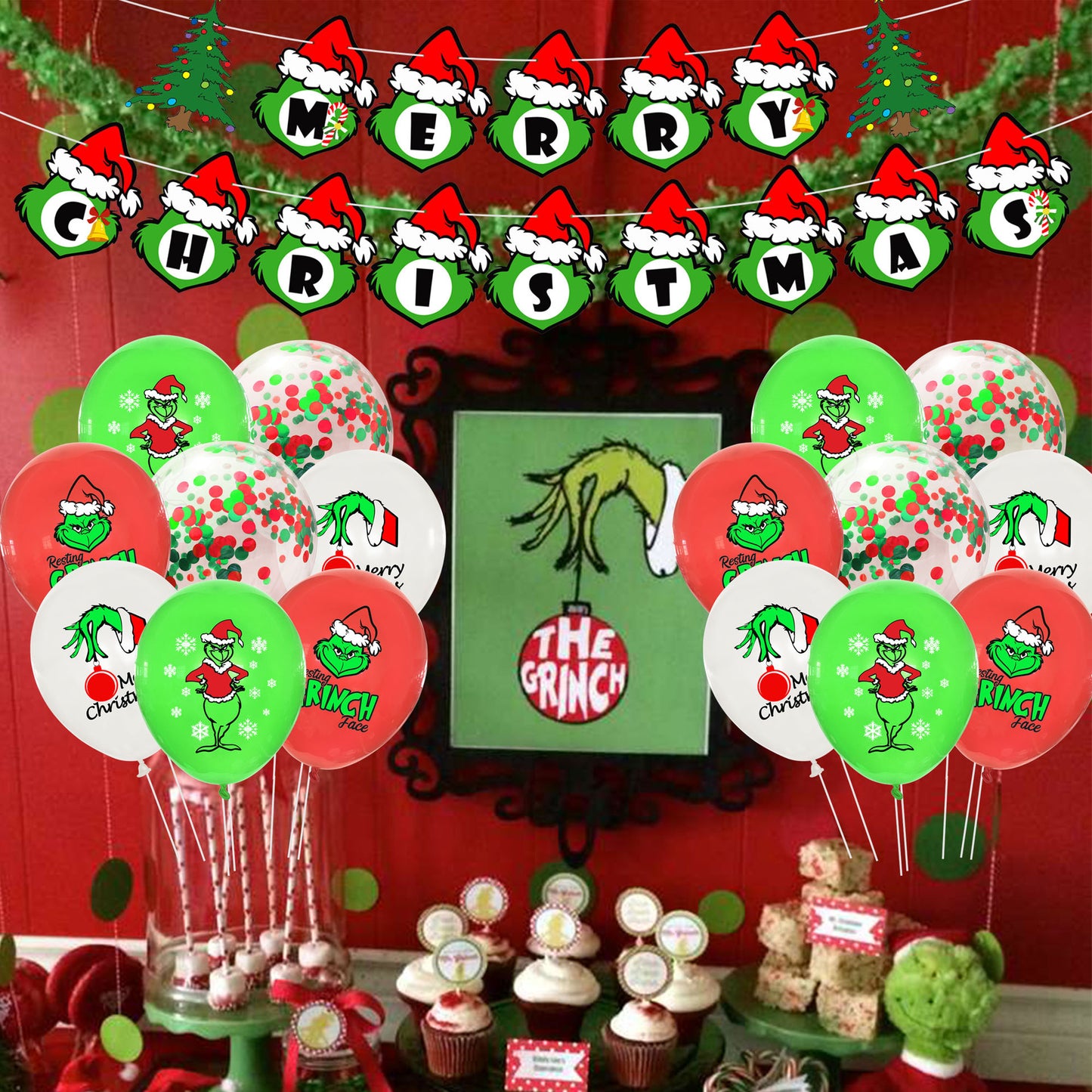 Grinch theme decoration Christmas party flag banner balloon birthday cake insert set (minimum batch of 2 sets)