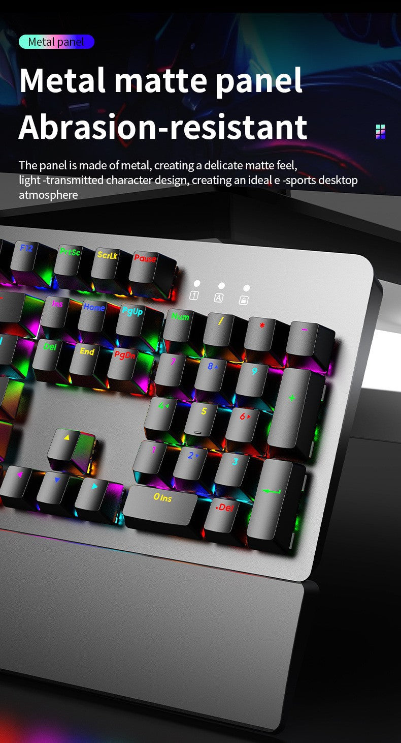 AK104 有線機械式鍵盤,可選配青軸、紅軸,具備 RGB 背光,適用於電競遊戲與辦公場景