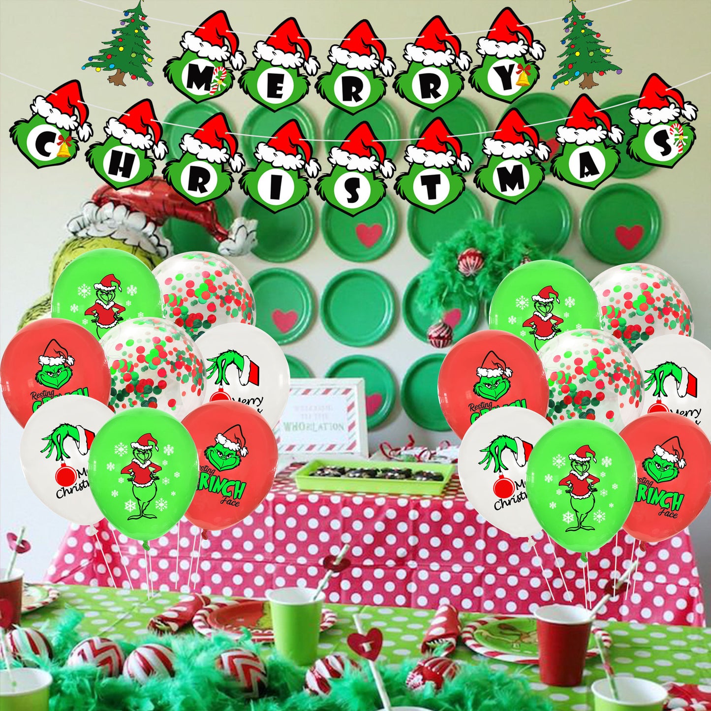 Grinch theme decoration Christmas party flag banner balloon birthday cake insert set (minimum batch of 2 sets)