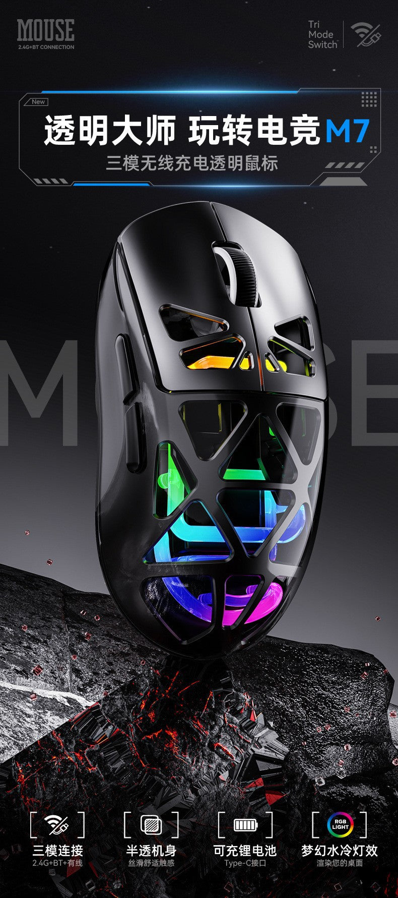 M7 鏤空輕量化洞洞鼠標,支持三模(藍牙、2.4G)無線連接,可充電,適用於電競遊戲,帶 RGB 發光,支持跨境銷售