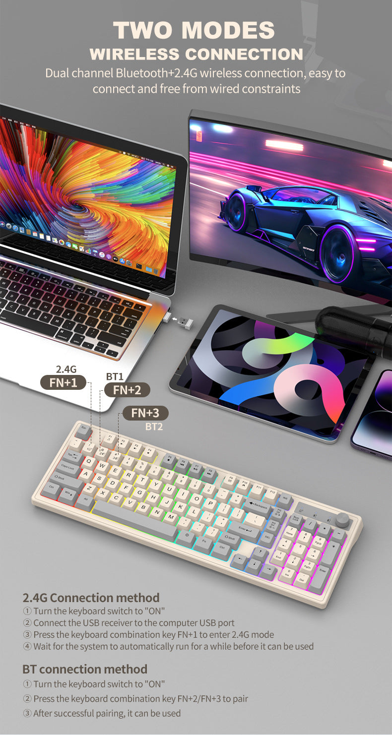 K-Snake K98 藍牙無線雙模鍵盤,機械手感,適用於臺式機、筆記本,辦公商務發光款