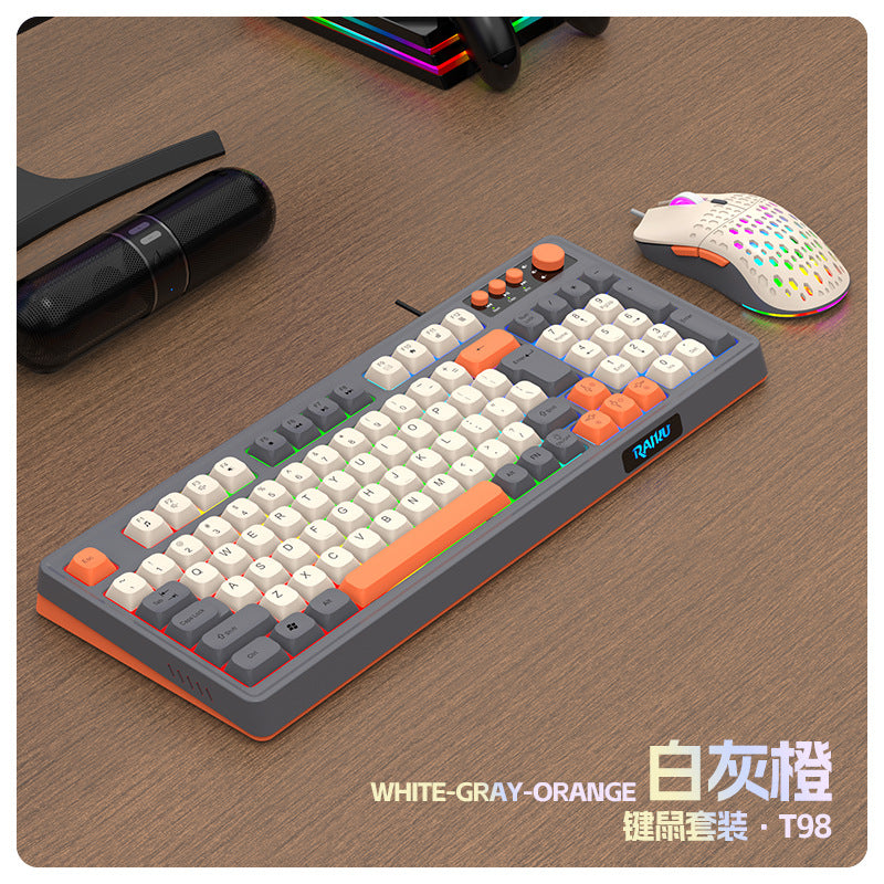 RAIKU T98 有線薄膜旋鈕鍵盤 三拼色發光機械手感電腦辦公遊戲鍵盤套裝