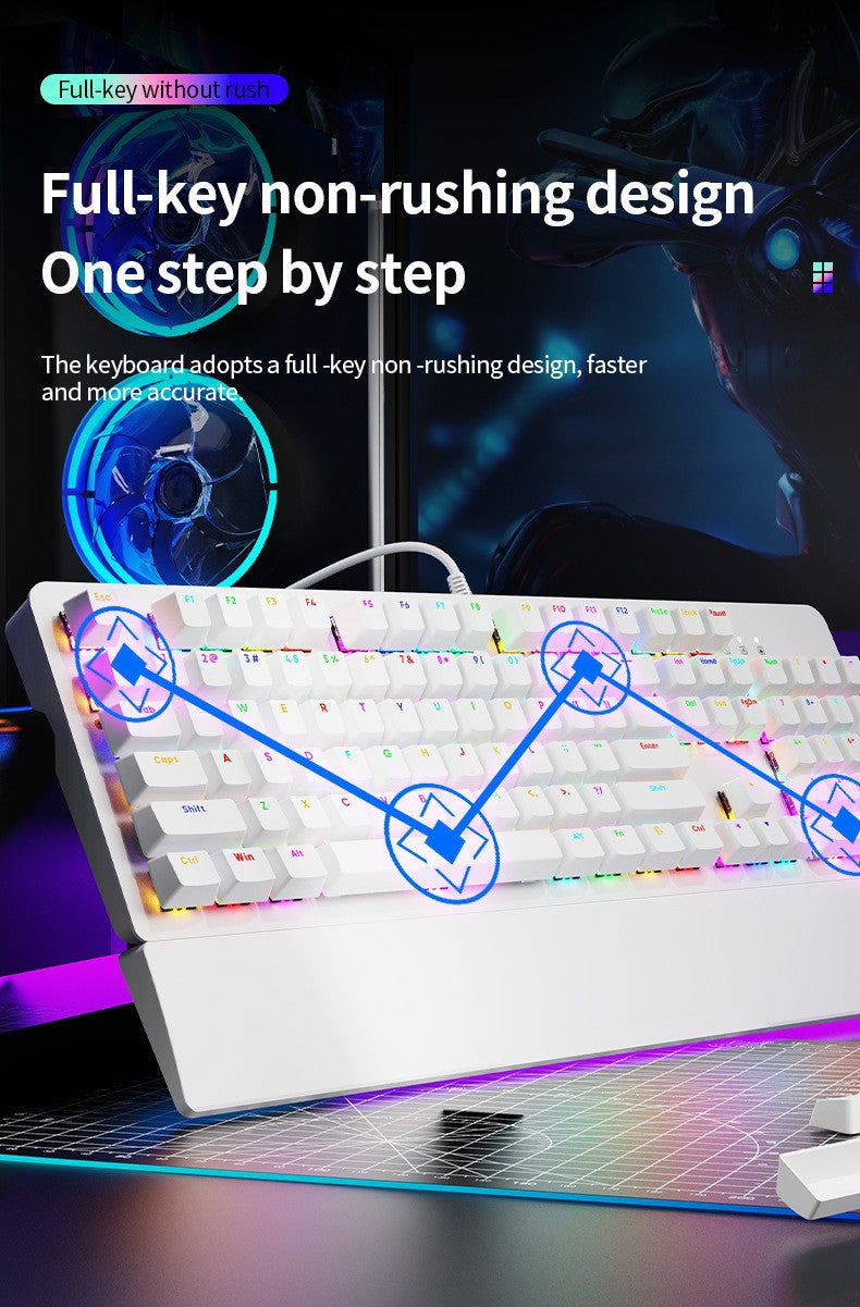 AK104 有線機械式鍵盤,可選配青軸、紅軸,具備 RGB 背光,適用於電競遊戲與辦公場景