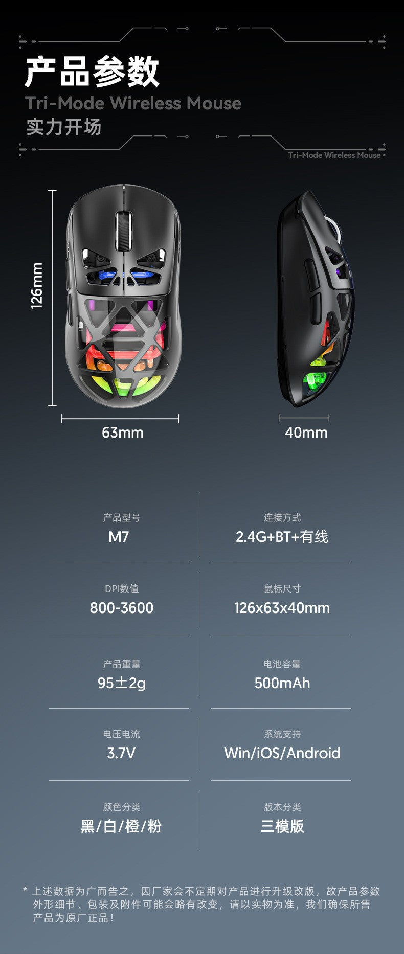M7 鏤空輕量化洞洞鼠標,支持三模(藍牙、2.4G)無線連接,可充電,適用於電競遊戲,帶 RGB 發光,支持跨境銷售
