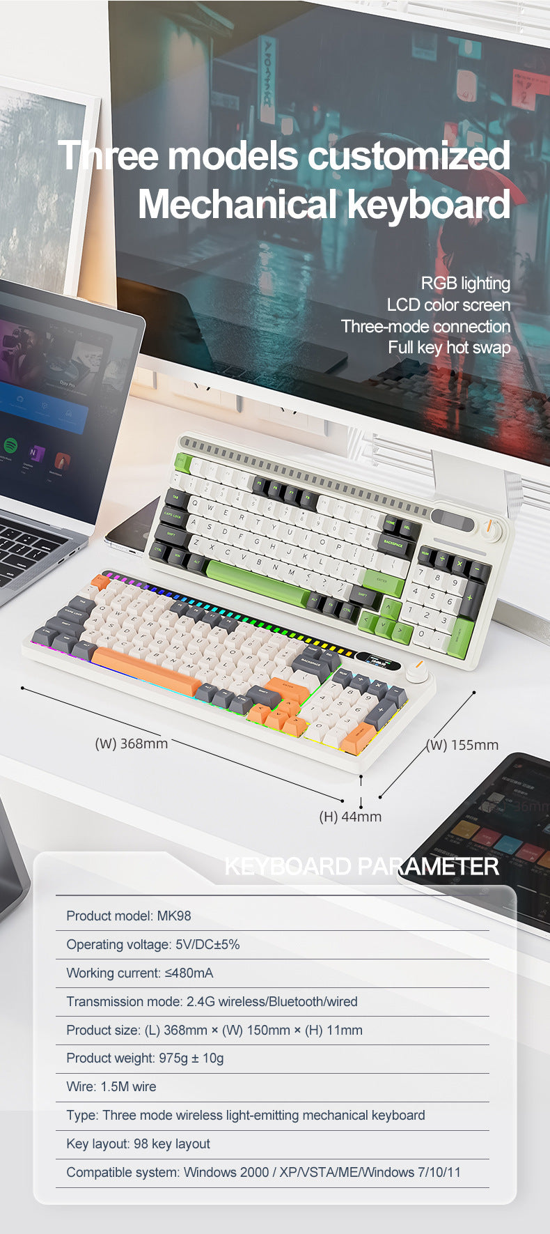 smailwolf MK98 三模 RGB 無線鍵盤,帶屏幕,藍牙客製化,遊戲機械鍵盤,具備拾音燈