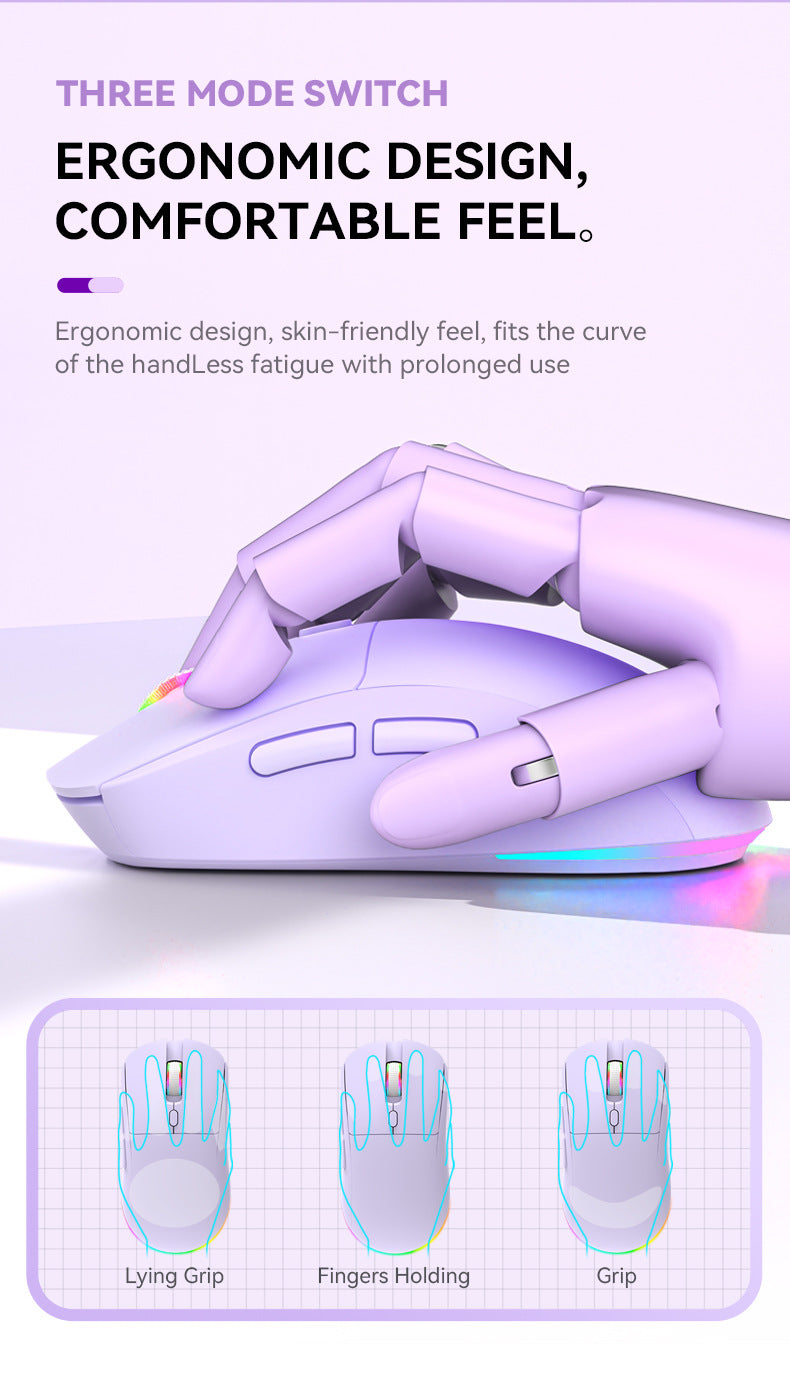 R518 無線藍牙三模遊戲滑鼠,支援 2.4g 無線、有線連接,具備無線充電功能,輕量設計,適用於電競與辦公場景