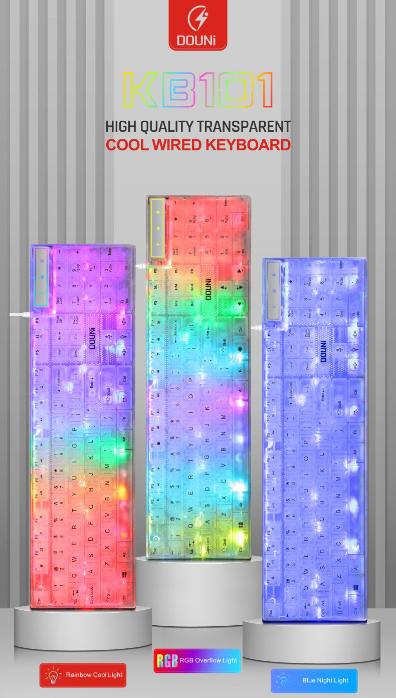douni KB101 鍵盤,有線連接,具機械手感,七彩 RGB 發光,透明設計,適用於筆記本電腦和遊戲