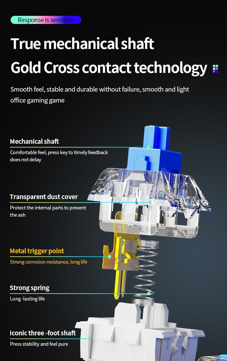 AK104 有線機械式鍵盤,可選配青軸、紅軸,具備 RGB 背光,適用於電競遊戲與辦公場景