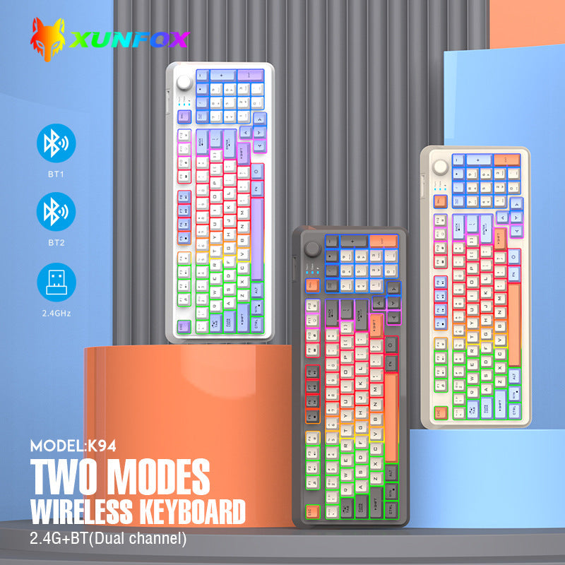 XUNFOX K94 時尚拼色旋鈕無線藍牙雙模發光鍵盤,適用於電腦、筆記本