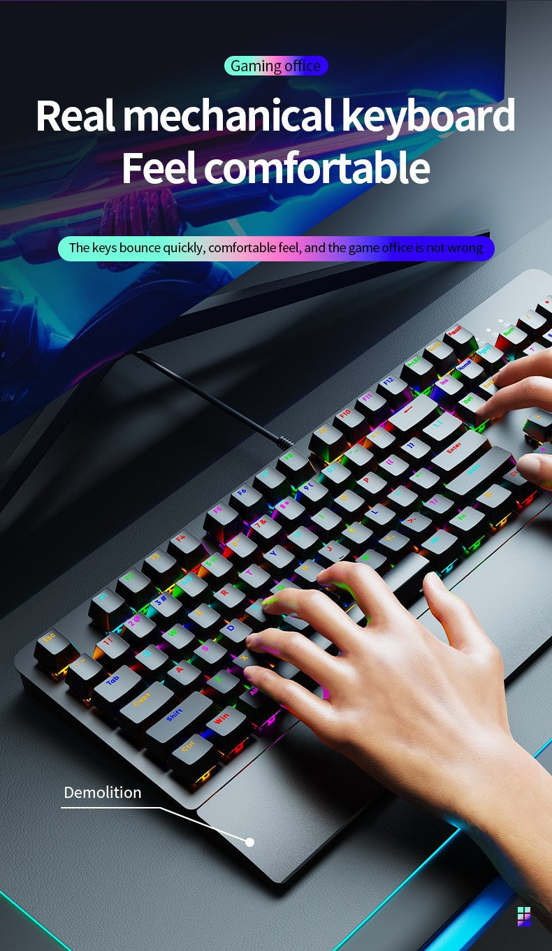 AK104 有線機械式鍵盤,可選配青軸、紅軸,具備 RGB 背光,適用於電競遊戲與辦公場景