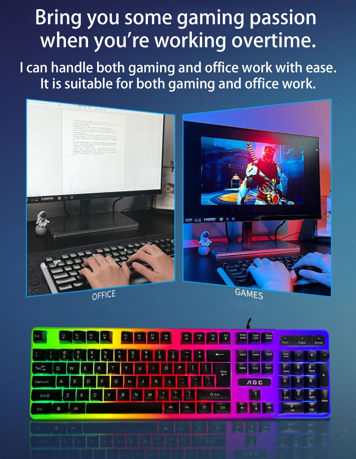 AOC KM100 有線 USB 發光鍵鼠套裝,機械手感,遊戲專用