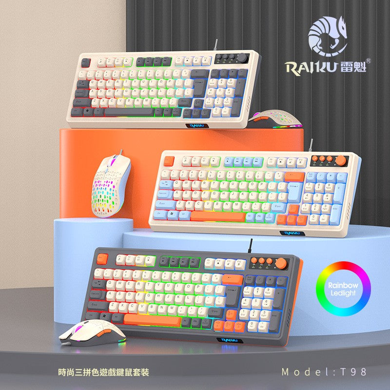 RAIKU T98 有線薄膜旋鈕鍵盤 三拼色發光機械手感電腦辦公遊戲鍵盤套裝