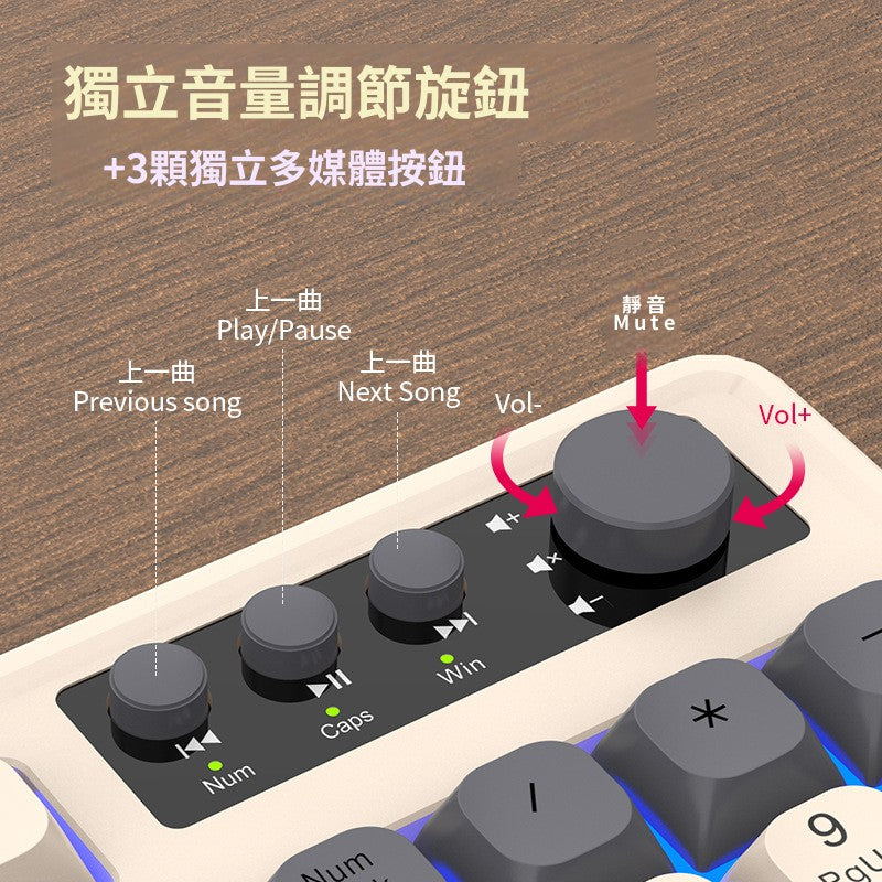 RAIKU T98 有線薄膜旋鈕鍵盤 三拼色發光機械手感電腦辦公遊戲鍵盤套裝