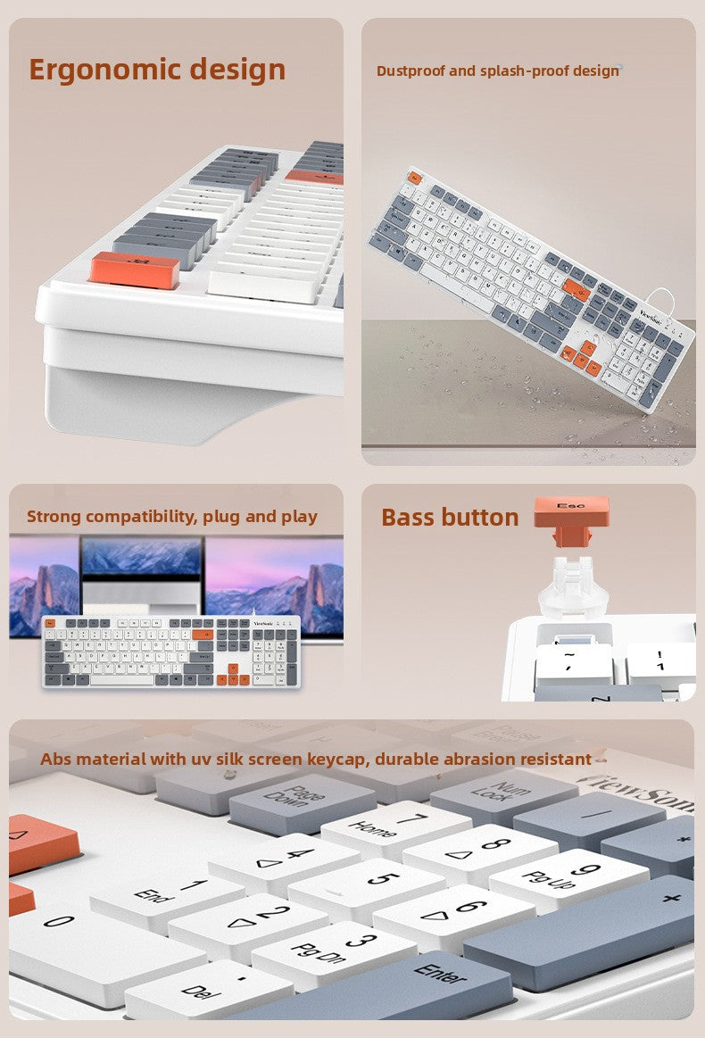 ViewSonic KU302 巧克力有線鍵盤,適用於臺式機和筆記本,輕音,三拼色鍵帽