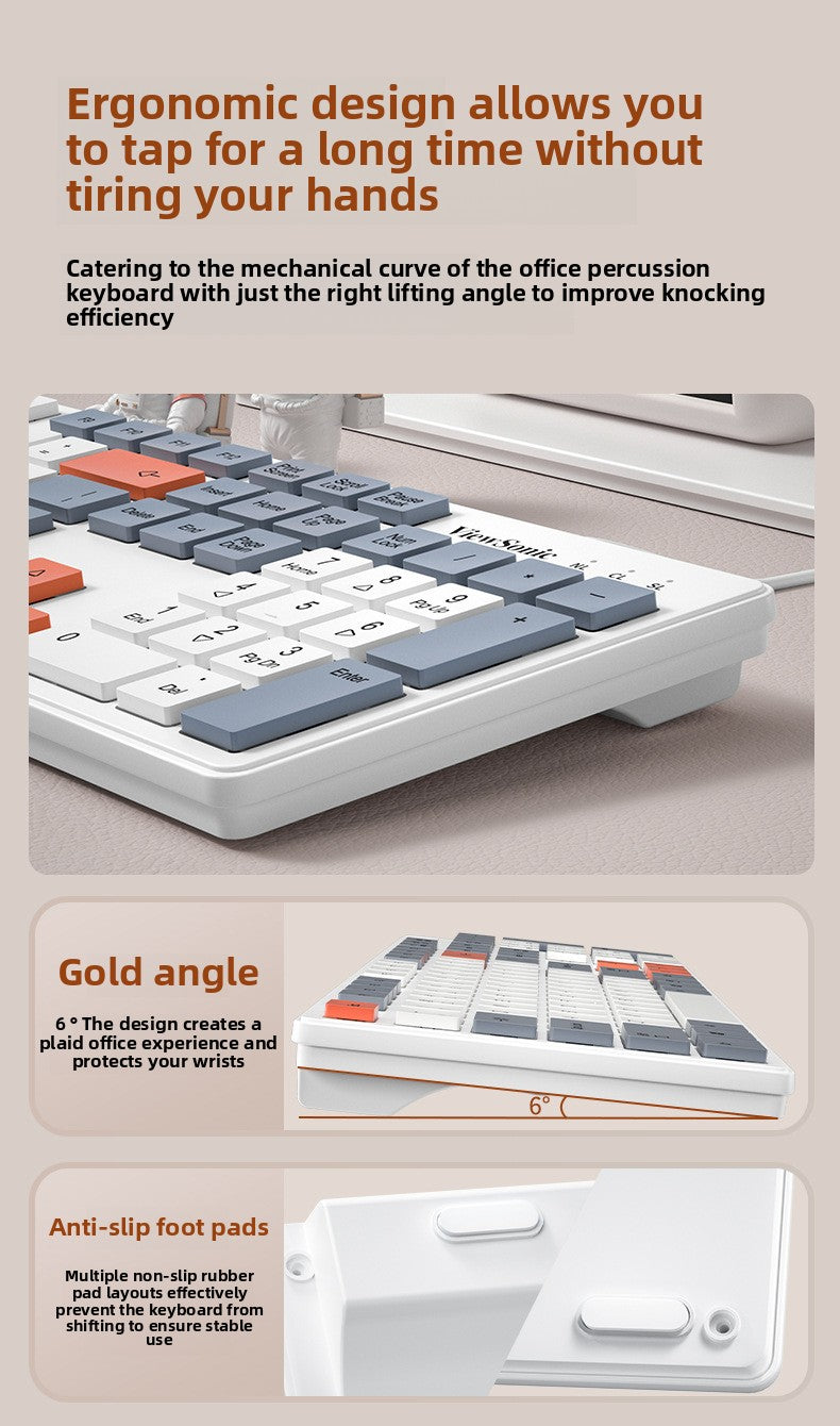 ViewSonic KU302 巧克力有線鍵盤,適用於臺式機和筆記本,輕音,三拼色鍵帽