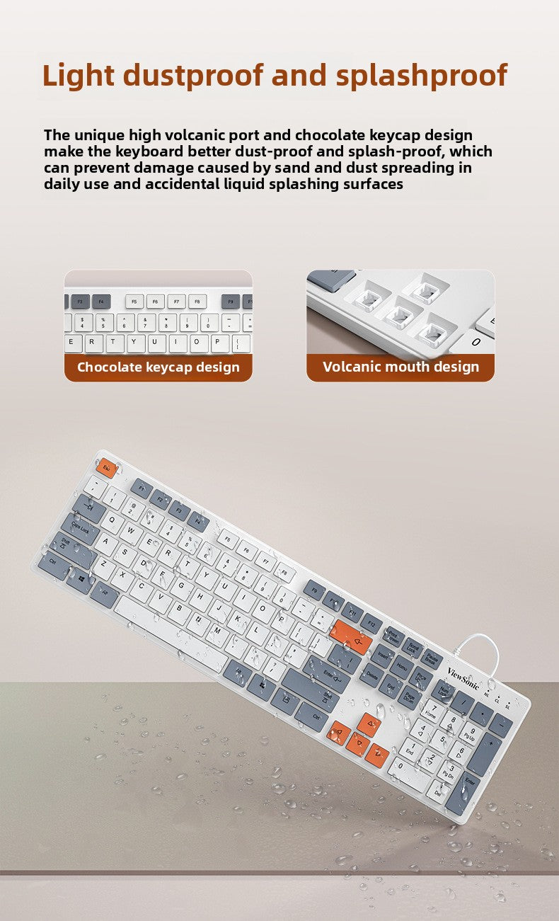 ViewSonic KU302 巧克力有線鍵盤,適用於臺式機和筆記本,輕音,三拼色鍵帽