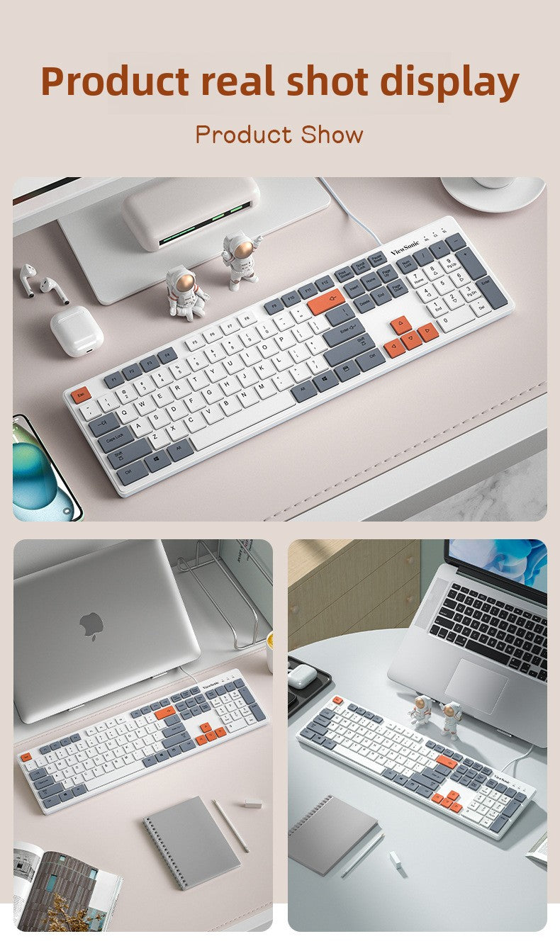 ViewSonic KU302 巧克力有線鍵盤,適用於臺式機和筆記本,輕音,三拼色鍵帽