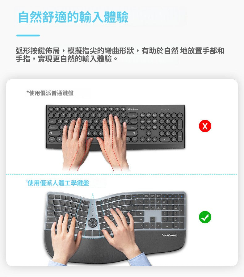 ViewSonic 無線鍵盤,支持藍牙、充電雙模式,具備人體工學設計,適用於筆記本和臺式電腦主機,是多媒體鍵盤