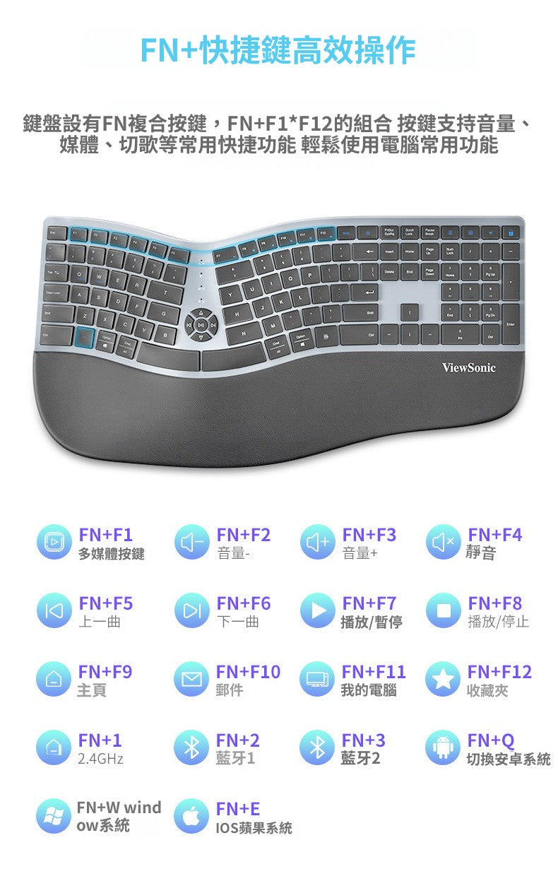 ViewSonic 無線鍵盤,支持藍牙、充電雙模式,具備人體工學設計,適用於筆記本和臺式電腦主機,是多媒體鍵盤