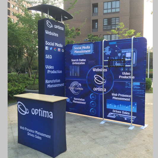 10ft Portable Fabric Trade Show Display Stand Pop Up Booth Exhibit Stand Exhibit Set with TV Stand Table Lamp