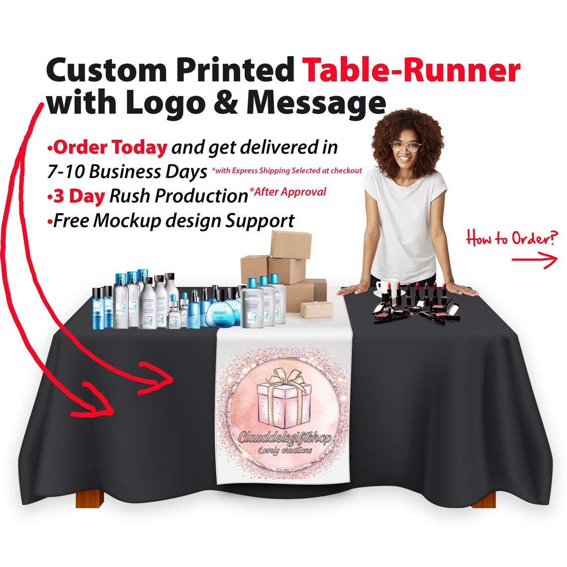 Custom Table Runner Pop Up Shop Sign Banner Embroiderer Personalized Wedding Party