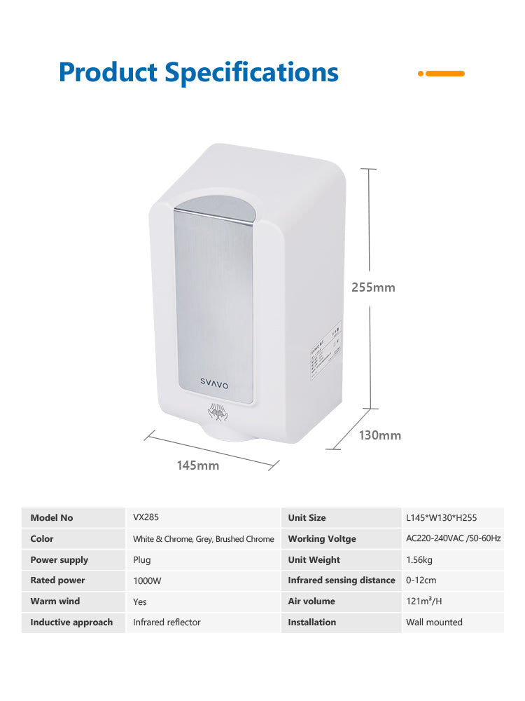 VX285 Electric Hands-Free Hand Dryer for Hotels and Homes